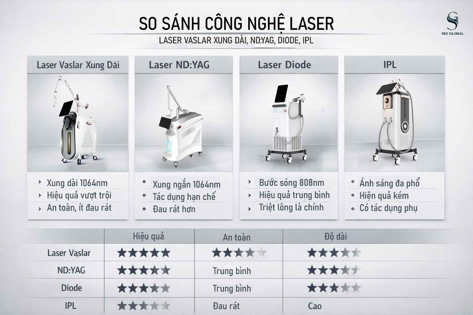So sánh máy laser xung dài Vaslar với ND:YAG, Diode, IPL