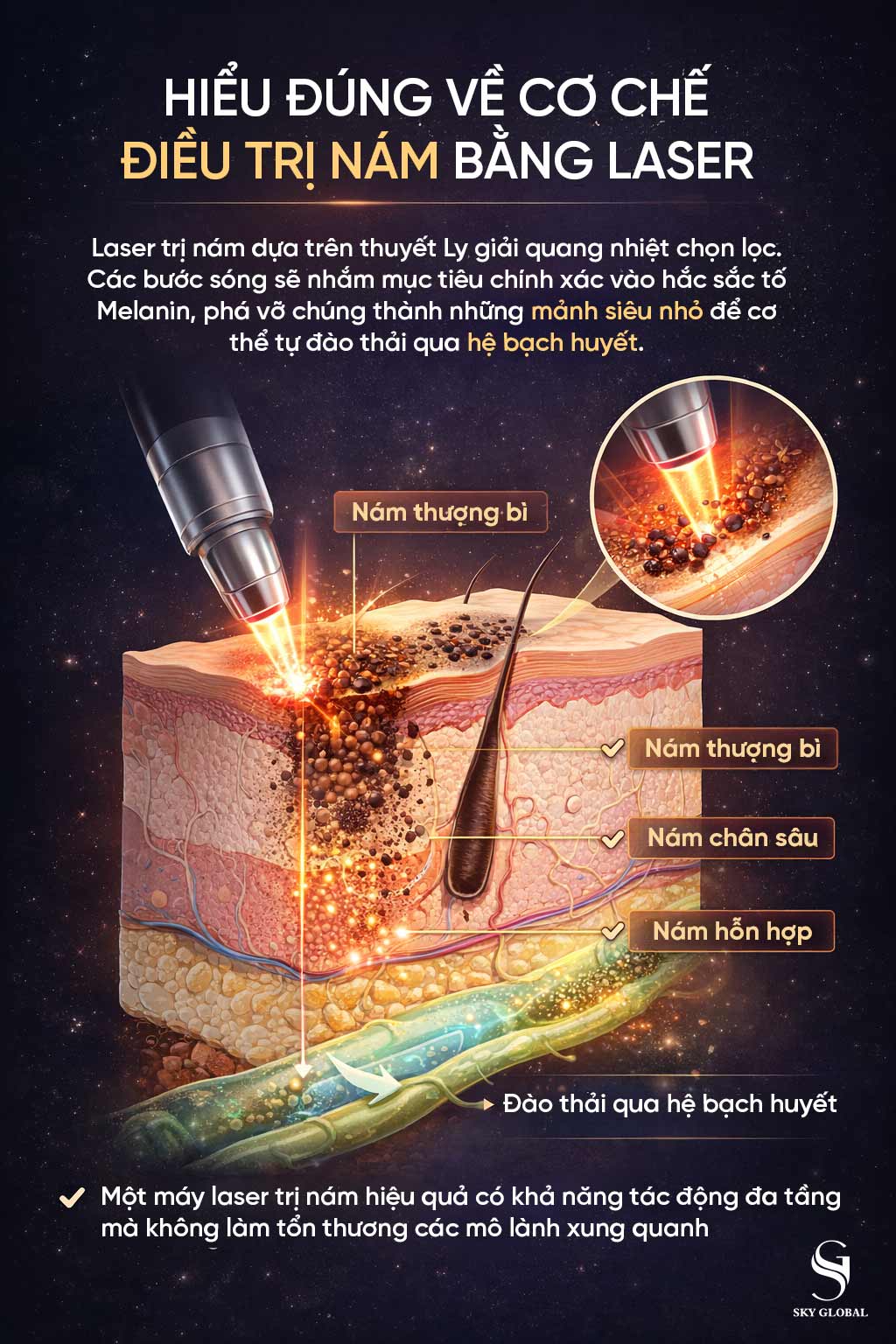 Mô phỏng cơ chế phá vỡ hắc sắc tố Melanin của Laser Pico và Nd:YAG từ Sky Global.