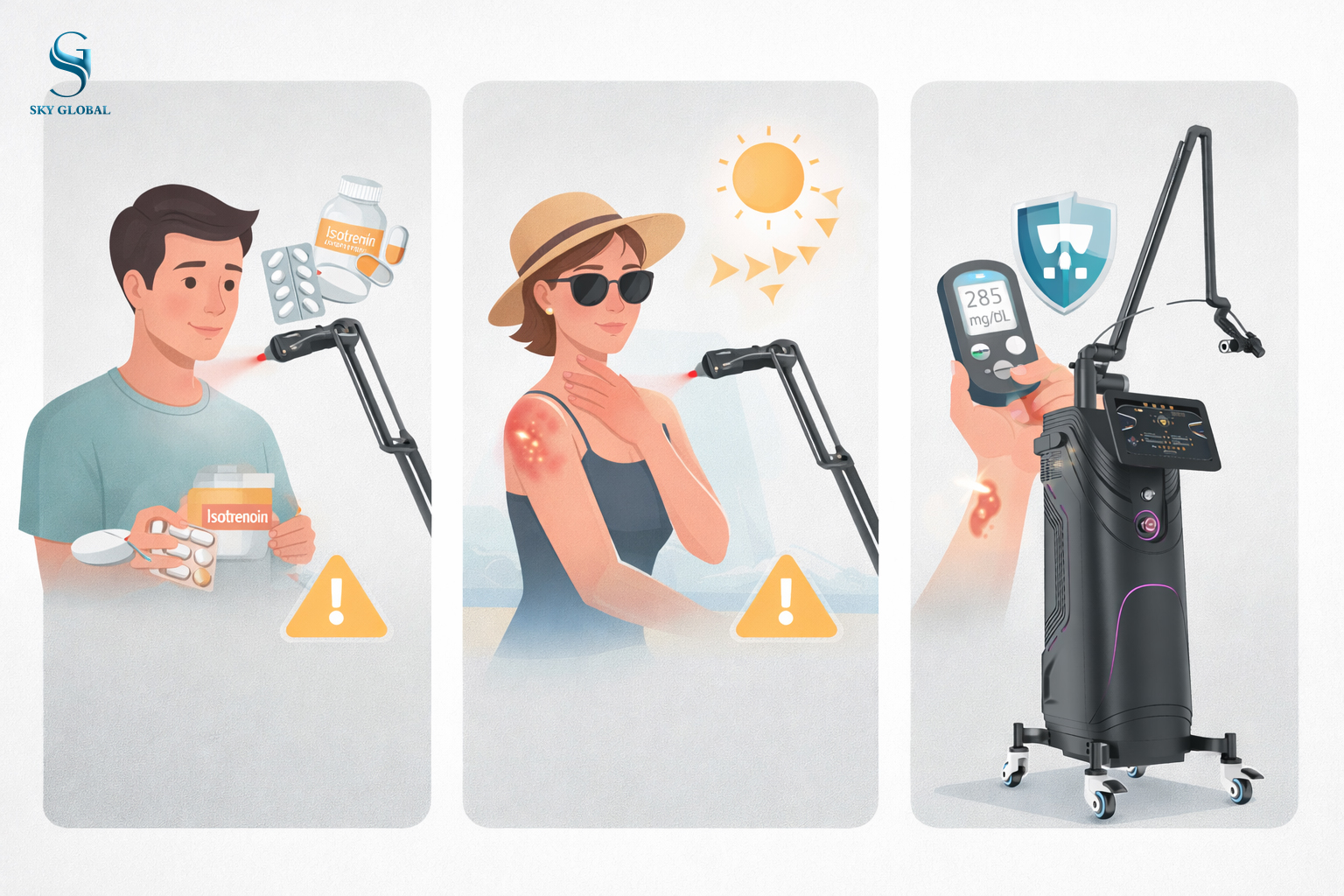 Các trường hợp cần trì hoãn Laser CO2: người dùng isotretinoin, cháy nắng và bệnh lý nền - Máy laser chính hãng Sky Global