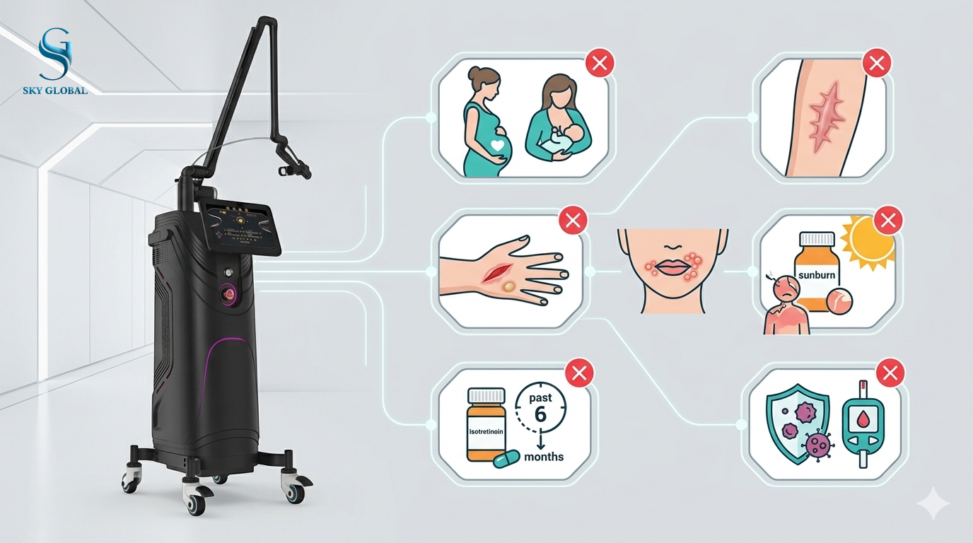 Các trường hợp không nên điều trị Laser CO2 Fractional: phụ nữ mang thai, sẹo lồi, nhiễm trùng da và người dùng isotretinoin
