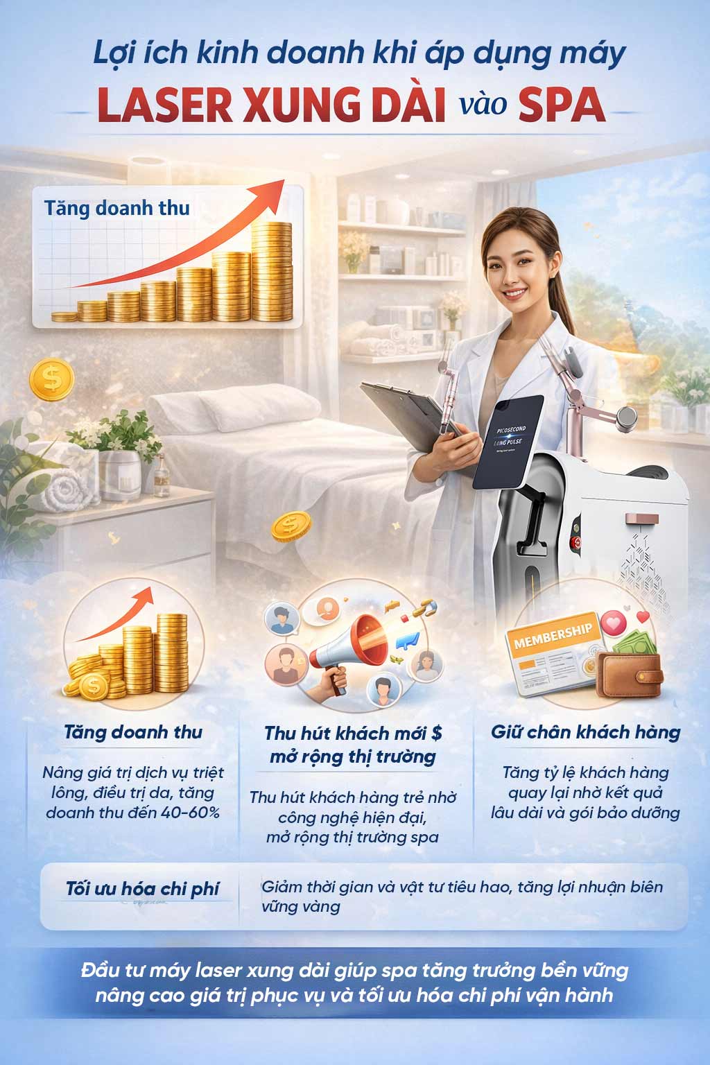Lợi ích kinh doanh khi áp dụng máy laser xung dài vào spa giúp tăng doanh thu và tối ưu chi phí