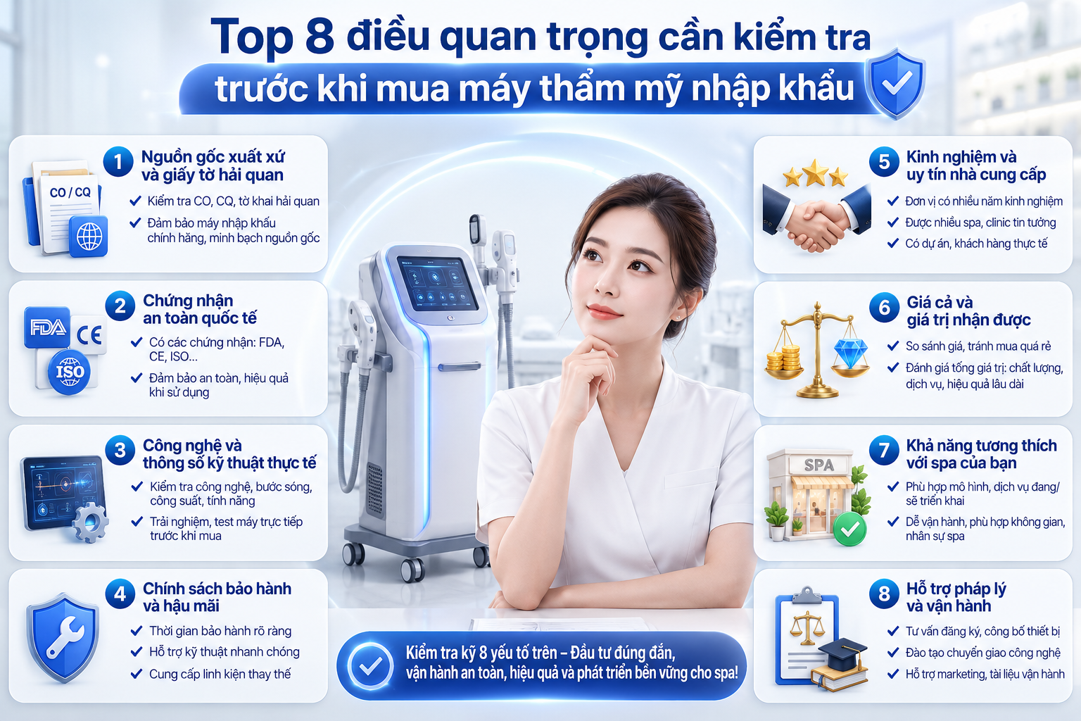 Top 8 điều quan trọng cần kiểm tra trước khi mua máy thẩm mỹ nhập khẩu