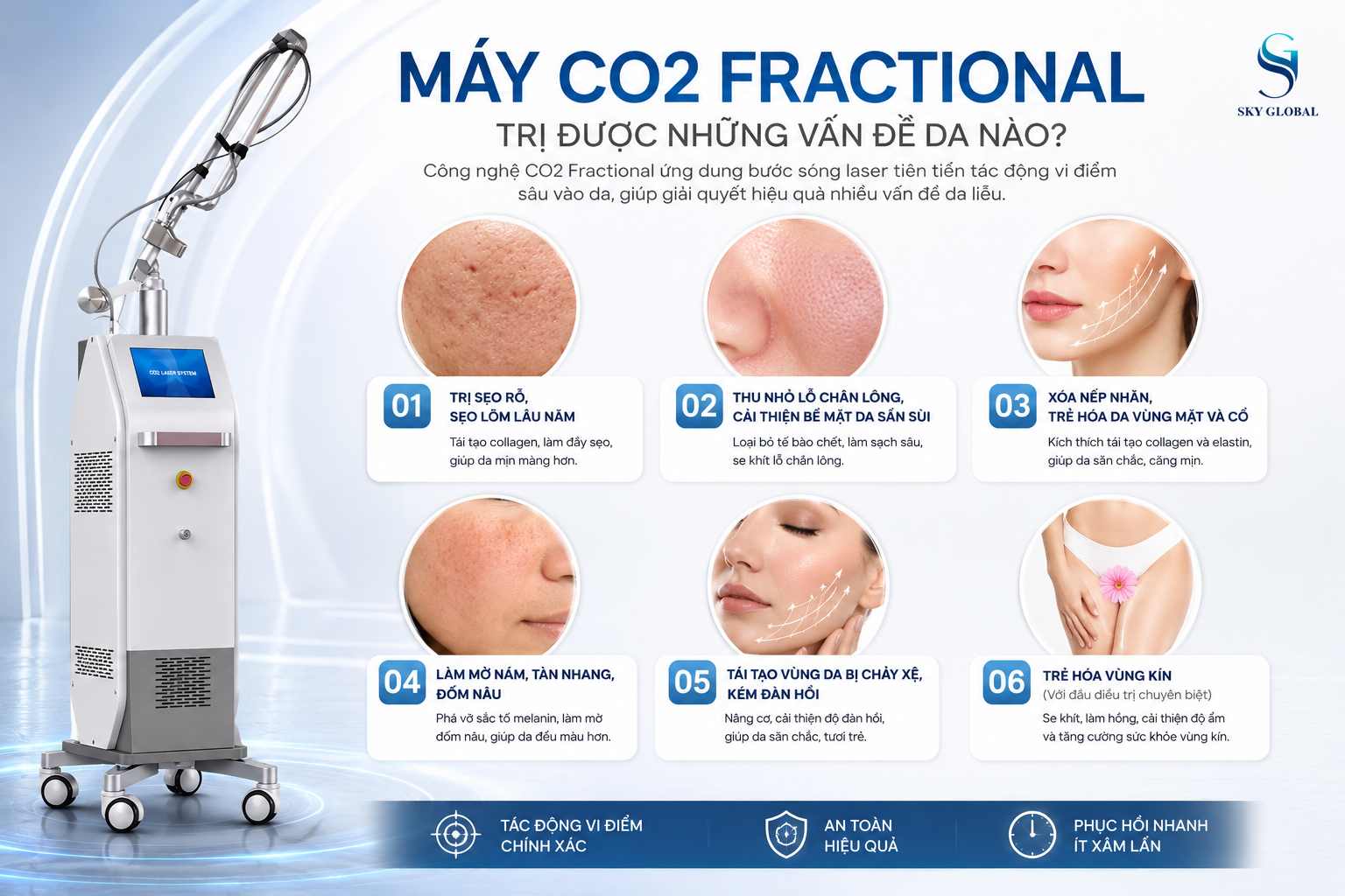Máy CO2 Fractional điều trị sẹo rỗ, thu nhỏ lỗ chân lông, trẻ hóa da, làm mờ nám và tái tạo bề mặt da hiệu quả