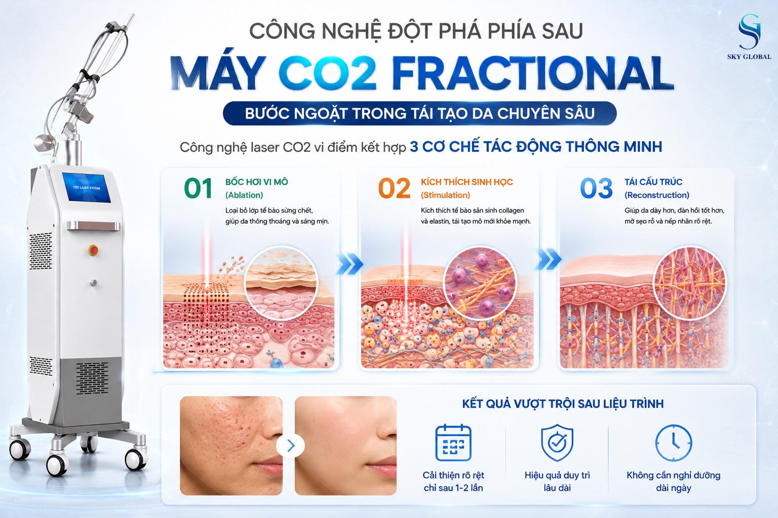 Máy CO2 Fractional ứng dụng công nghệ laser vi điểm với 3 cơ chế Ablation, Stimulation và Reconstruction giúp tái tạo, trẻ hóa da