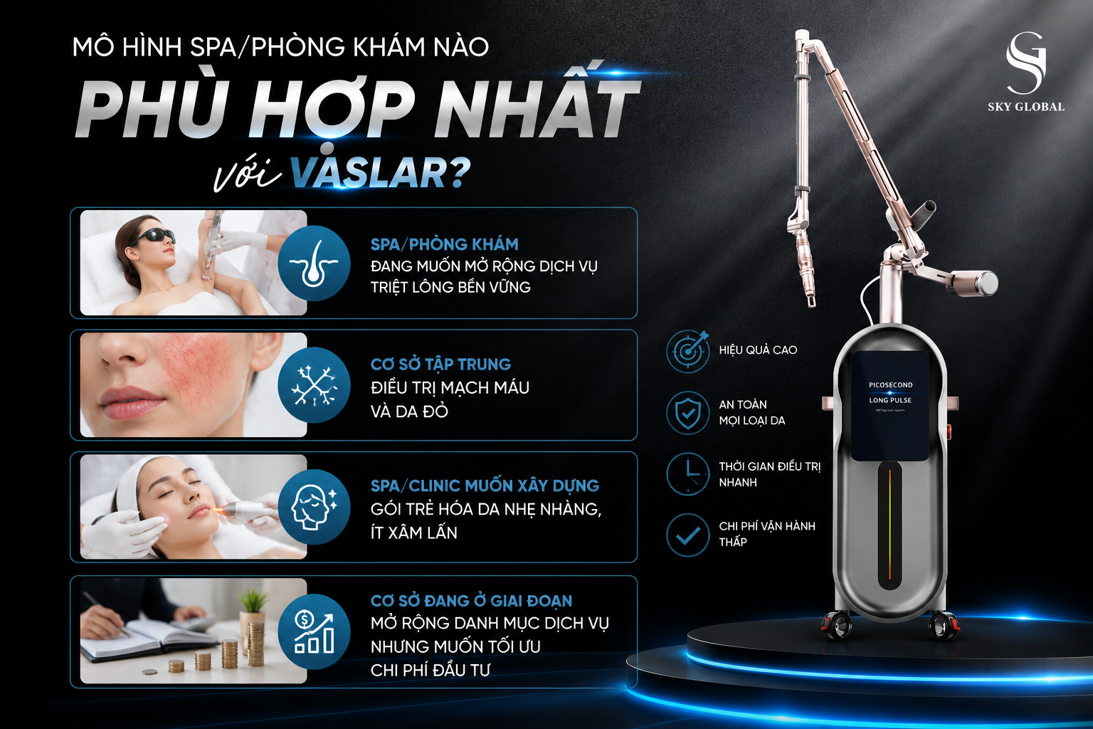 Mô hình spa và phòng khám phù hợp sử dụng máy laser xung dài Vaslar để triệt lông, điều trị mạch máu, da đỏ và trẻ hóa da.