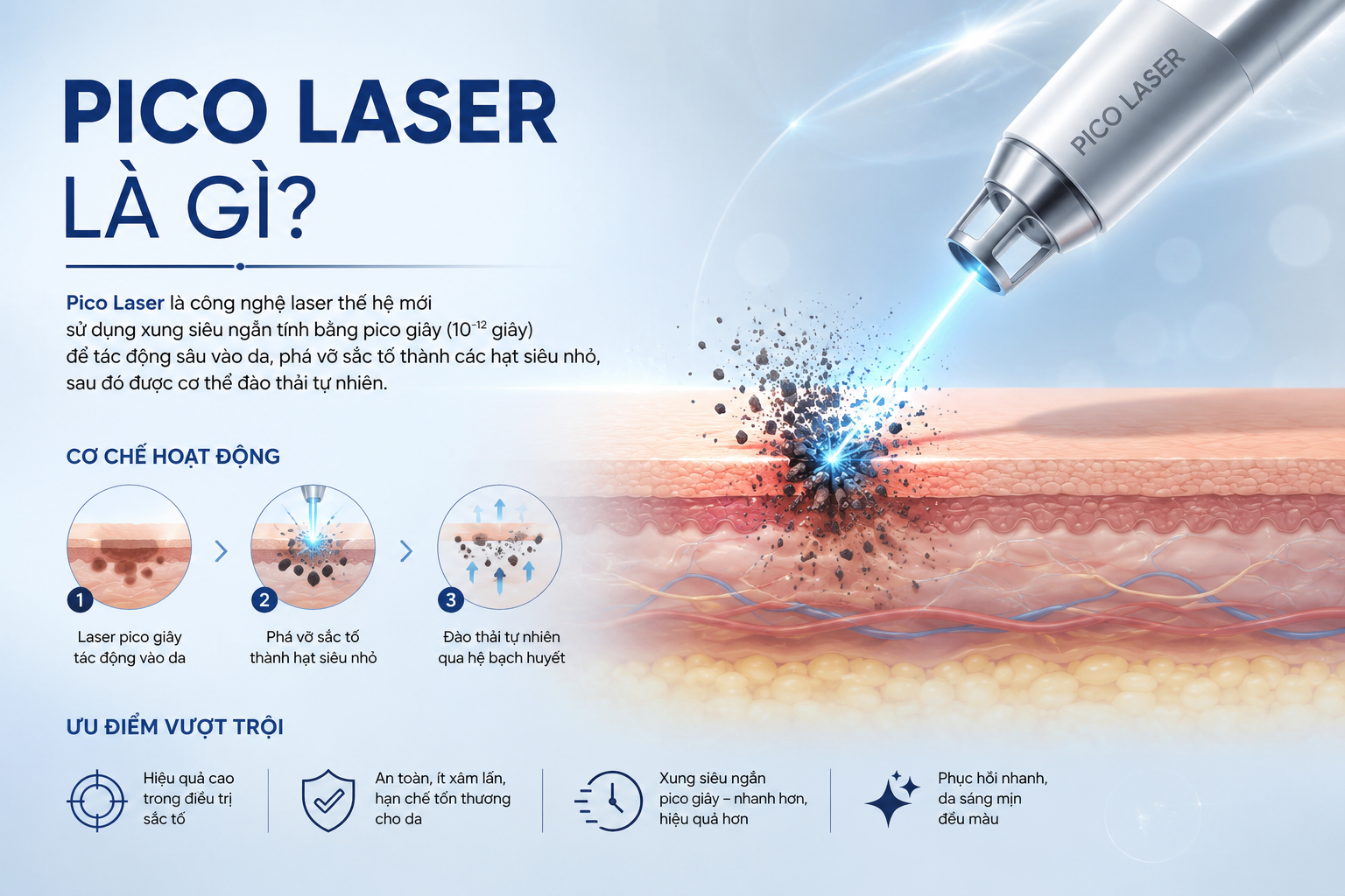 Pico Laser là gì? Minh họa cơ chế hoạt động của công nghệ laser pico giây giúp phá vỡ sắc tố da, điều trị nám, tàn nhang và xóa xăm hiệu quả.