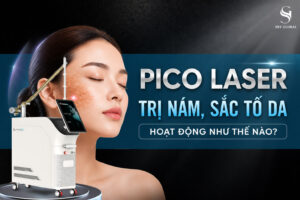 Minh họa công nghệ Pico Laser trị nám và sắc tố da với cơ chế phá vỡ hạt melanin bằng xung laser pico siêu ngắn.