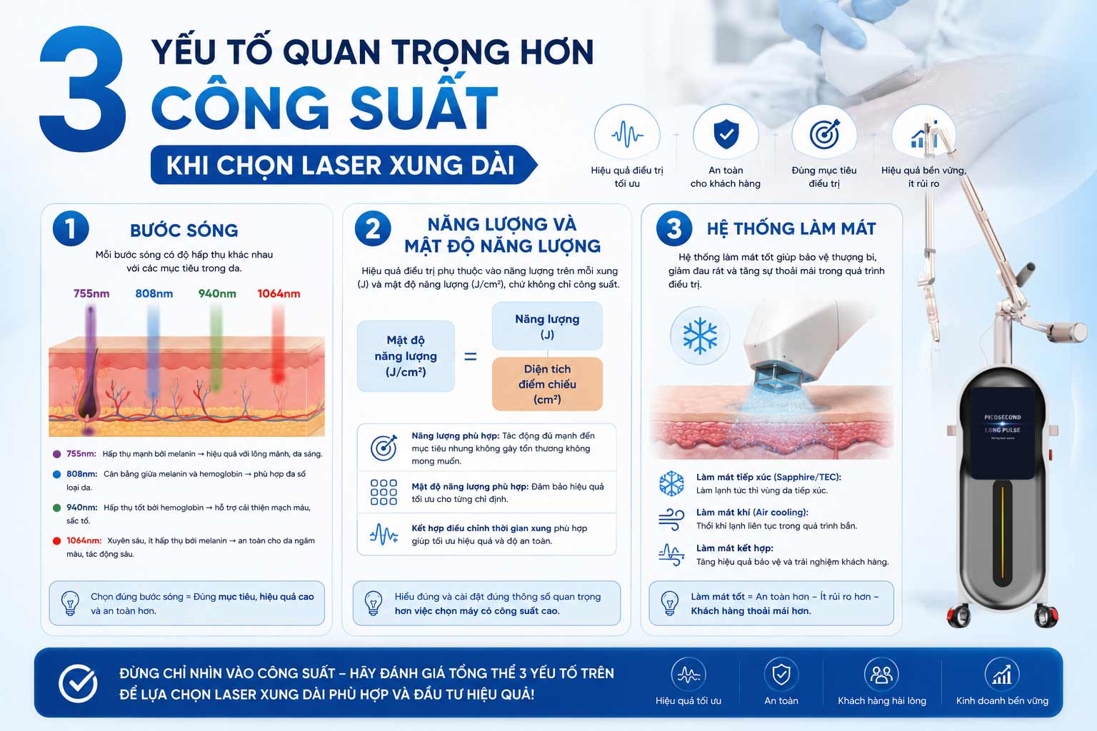 3 yếu tố quan trọng hơn công suất khi chọn laser xung dài gồm bước sóng, năng lượng và mật độ năng lượng, hệ thống làm mát