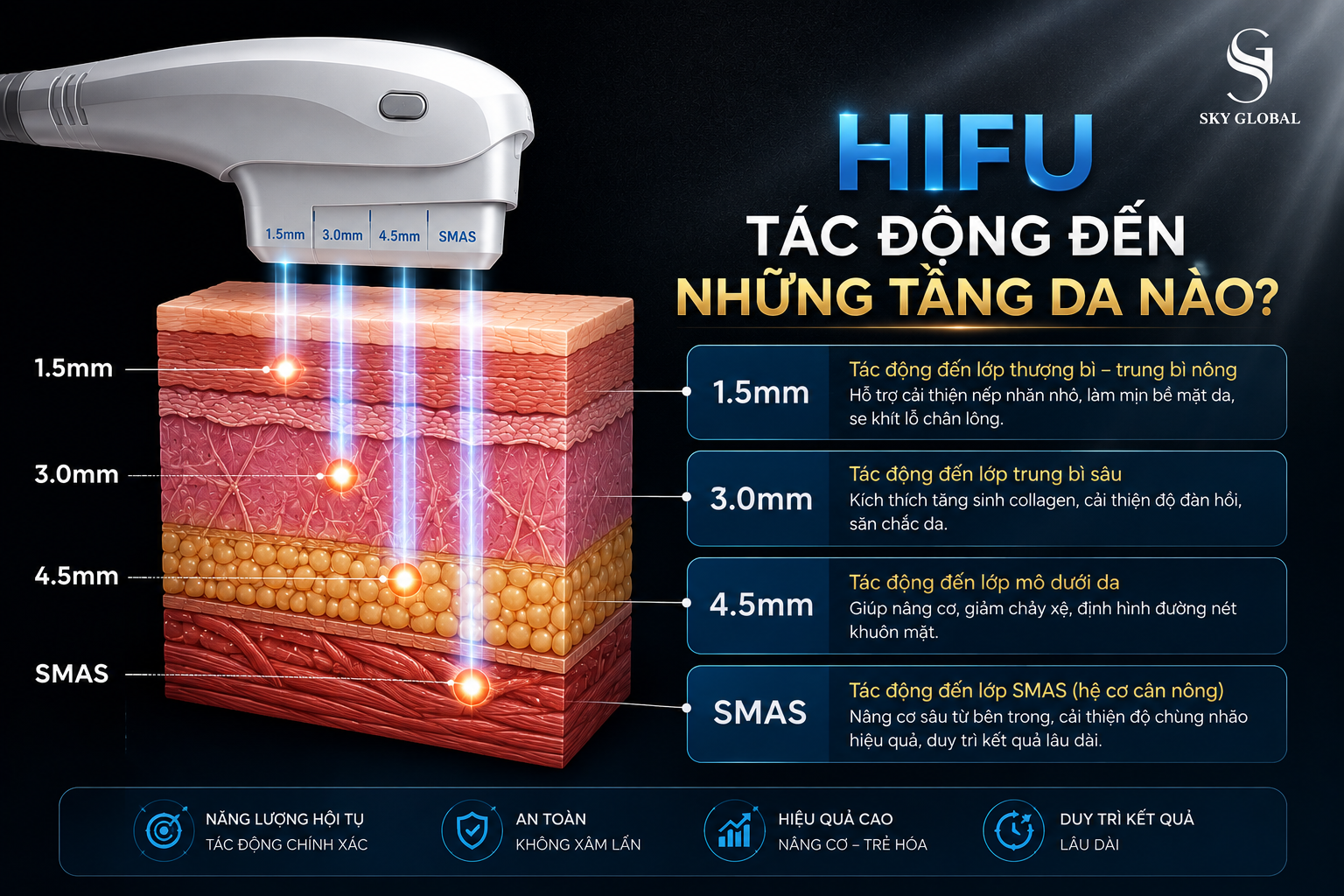 HIFU tác động đến các tầng da 1.5mm, 3.0mm, 4.5mm và lớp SMAS